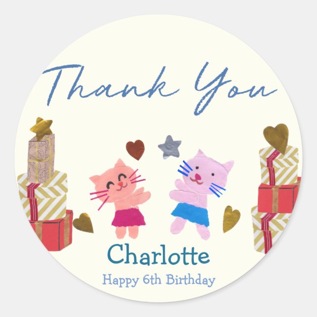 Adesivo Redondo Gatos e presentes Festa Amarelo de Aniversário de  (Frente)