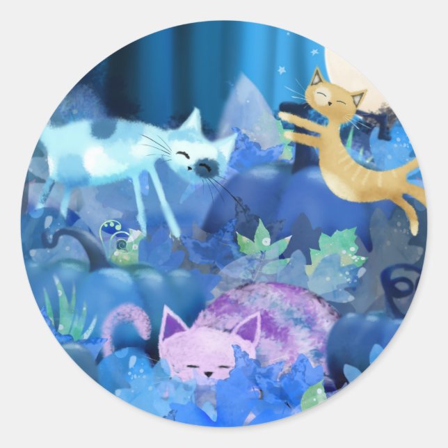 Adesivo Redondo Gatos enluaradas e gatinhos (Frente)