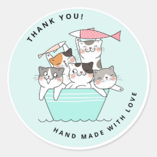 Adesivo Redondo Gatos Felizes e Bonitos feitos à mão com amor Obri