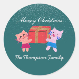 Adesivo Redondo Gatos festivos com caixa de presentes verde escuro