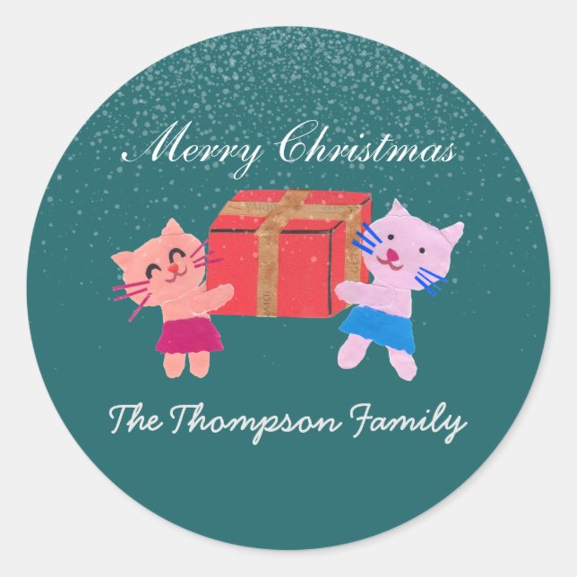 Adesivo Redondo Gatos festivos com caixa de presentes verde escuro (Frente)