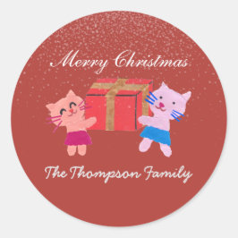 Adesivo Redondo Gatos festivos com caixa de presentes vermelho Nat