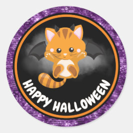 Adesivo Redondo Gatos Fofos Crianças & Brilho Roxo Feliz Halloween