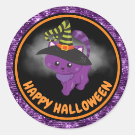 Adesivo Redondo Gatos Fofos Infantil & Glitter Roxo Feliz Hallowee