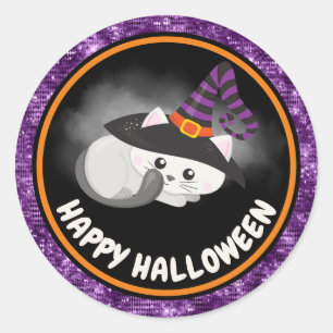 Adesivo Redondo Gatos Fofos Infantil & Glitter Roxo Feliz Hallowee