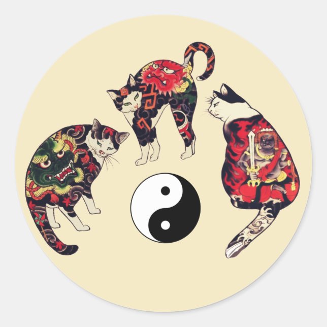 ADESIVO REDONDO GATOS JAPONESES, TATUAGENS DE DEDOS VERMELHOS DRAG (Frente)