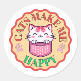 Adesivo Redondo Gatos Me Fazem Feliz - Gato Kawaii Gato Vestido