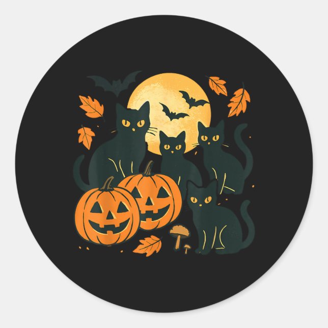 Adesivo Redondo Gatos Pretos Com Jack O Lanterns Lua E Morcegos (Frente)