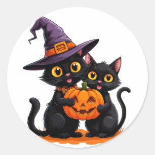 Adesivo Redondo Gatos Pretos Fofos Bruxa Abóbora Halloween 🐈‍⬛