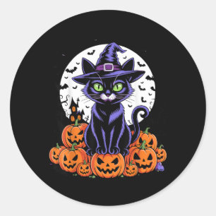 Adesivo Redondo Gatos Pretos Vintage de Halloween Abóboras Assusta