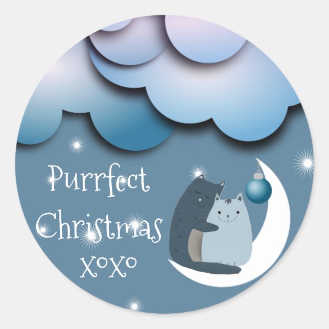 Adesivo Redondo Gatos Puros de Natal na Lua (Frente)