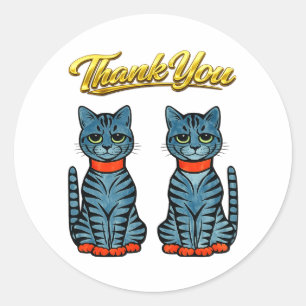 Adesivo Redondo Gatos Tigre Azul Cinza Estilo Deco Antigo Obrigado