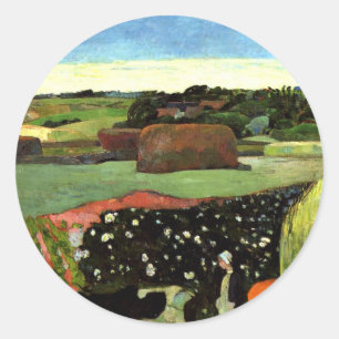 Adesivo Redondo Gauguin - Haystacks na Bretanha, famosa pintura,