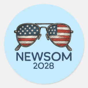 Adesivo Redondo Gavin Newsom 2028 Para O Presidente Sunglass