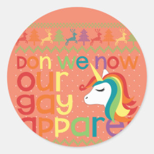 Adesivo Redondo Gay Natal Rainbow Unicorn Don We Now Our Gay