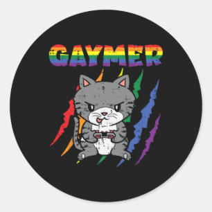 Adesivo Redondo Gaymer Purride Cat Vídeo Game Gamer Lgbtq Rainbow