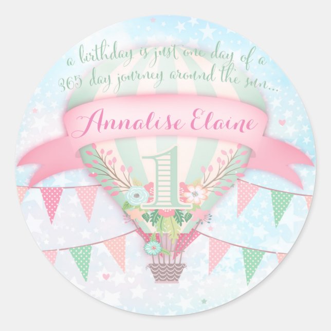 Adesivo Redondo GC Hot Air Balloon First Birthday Sticker Round (Frente)