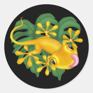 Adesivo Redondo Gecko Amarelo Sobre Folha Verde