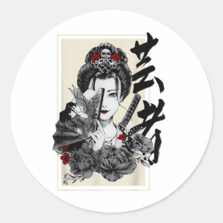 Adesivo Redondo Geisha Tattoo Retro Vintage Samurai Graph