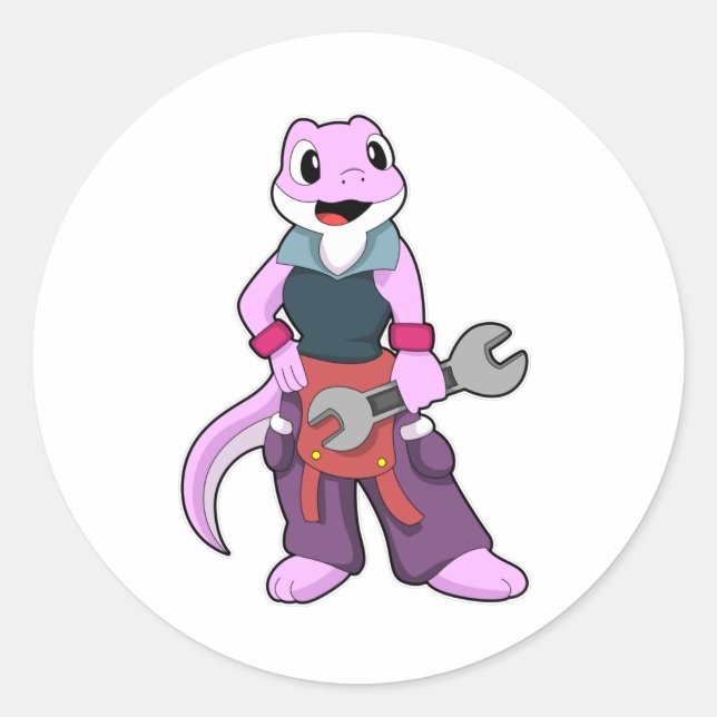 Adesivo Redondo Geko como mecânico com chave inglesa (Frente)