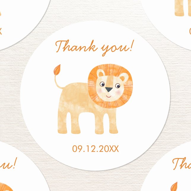 Adesivo Redondo Gelado Leão Obrigado Data (Cute watercolor lion thank you sticker with custom text and date)
