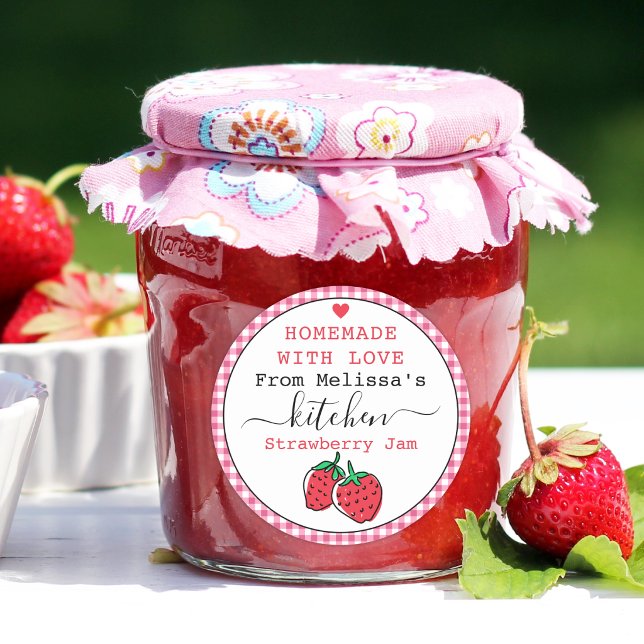 Adesivo Redondo Geléia Caseira de Morango Xadrez Rosa Rústico   (personalized strawberry jam jar label)