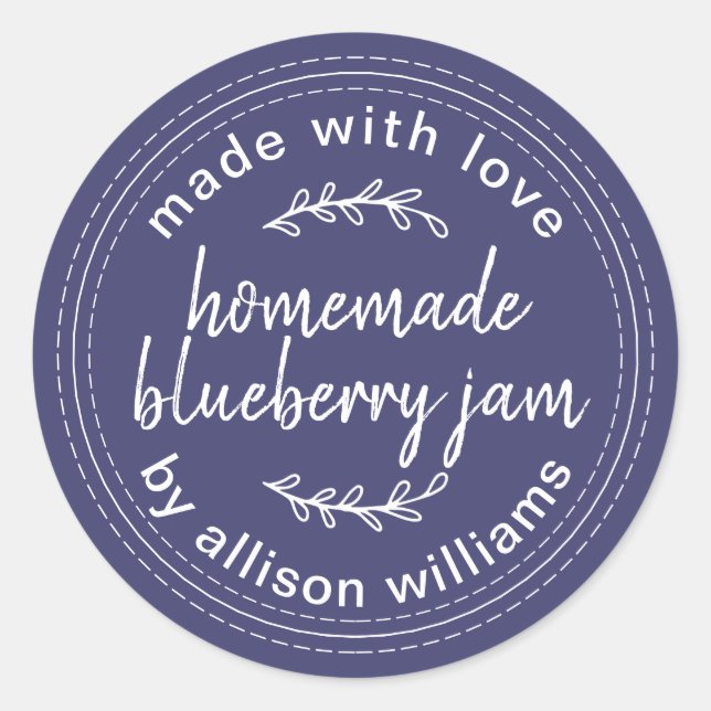 Adesivo Redondo Geléia Caseira Rústica de Mirtilo Enlatamento Azul (Frente)