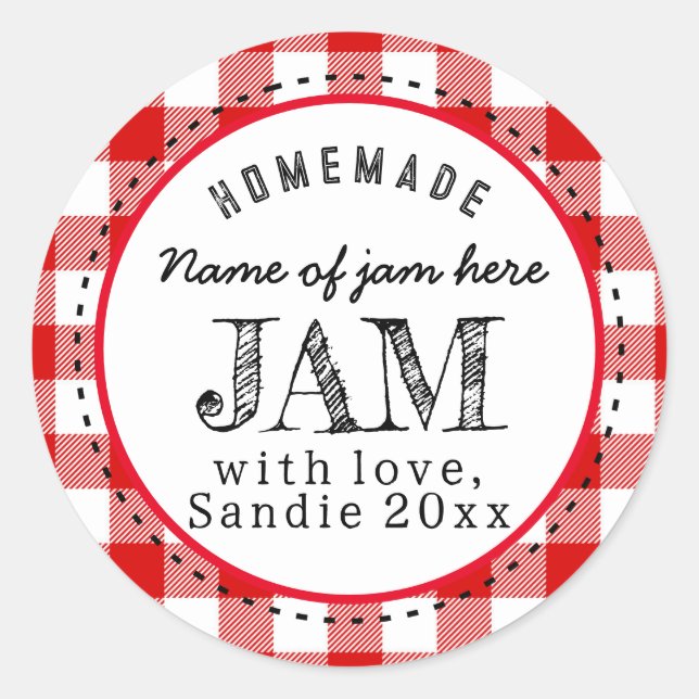 Adesivo Redondo Geléia Caseira Xadrez Búfalo Vermelho Personalizad (Frente)