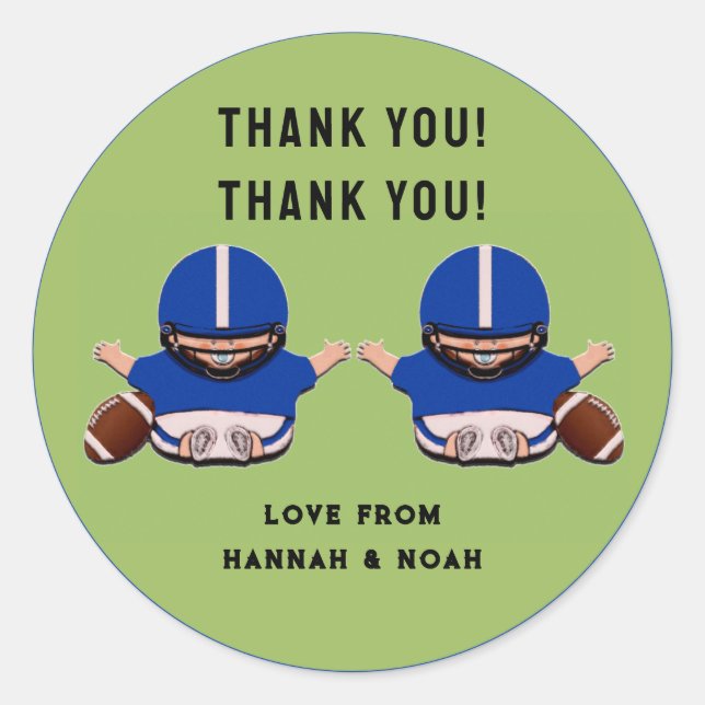 Adesivo Redondo gêmeos chás de fraldas, obrigado (Frente)