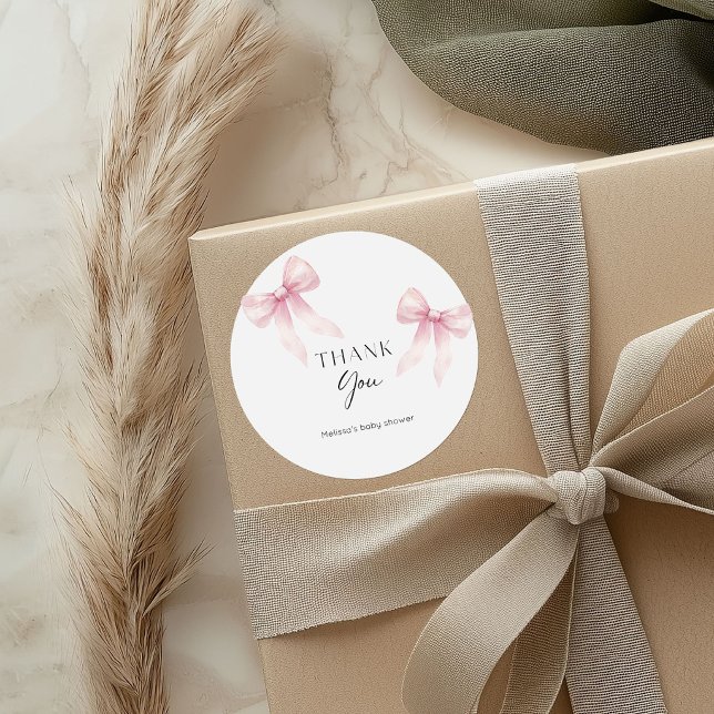 Adesivo Redondo Gêmeos com Laço Rosa Churrasco de Bebê (Twins baby shower thank you round sticker for girls)