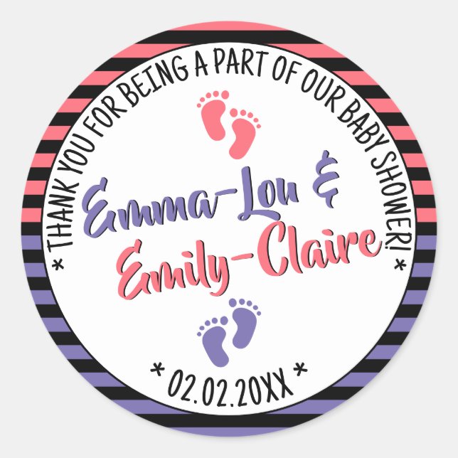 Adesivo Redondo Gêmeos de Chá de fraldas com Pés Pequenos (Frente)