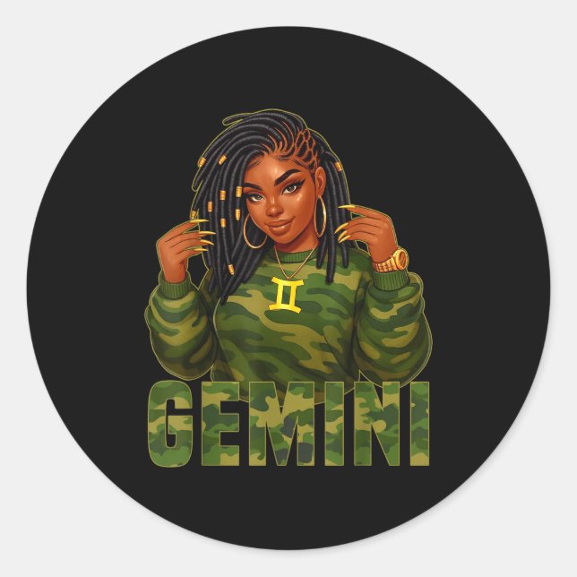 Adesivo Redondo Gemini Queen Loc'd Black Woman Camo Zodiac Sign  (Frente)
