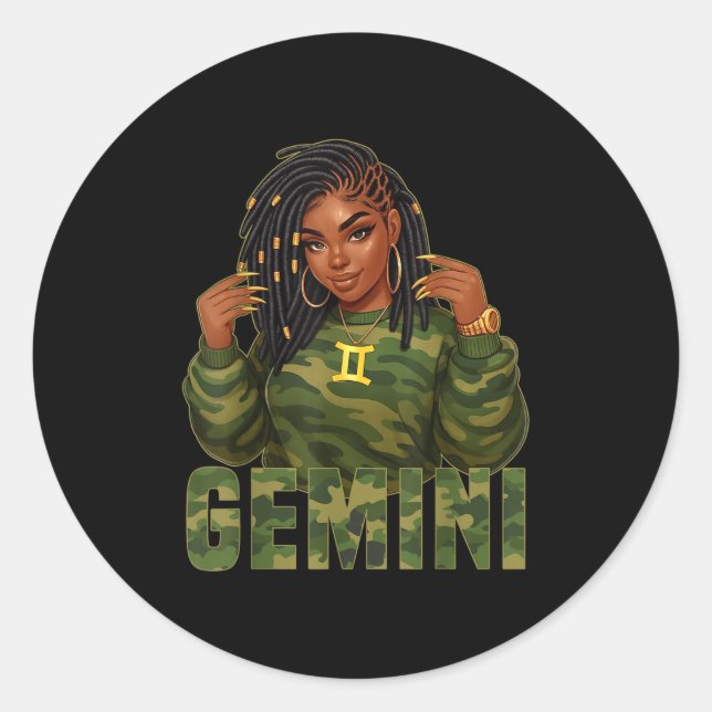 Adesivo Redondo Gemini Queen Loc'd Black Woman Camo Zodiac Sign  (Frente)