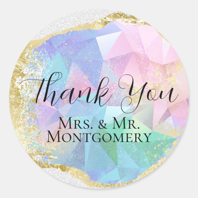 Adesivo Redondo Gemstone Opal Glamoroso com Dourado brilho branco (Frente)