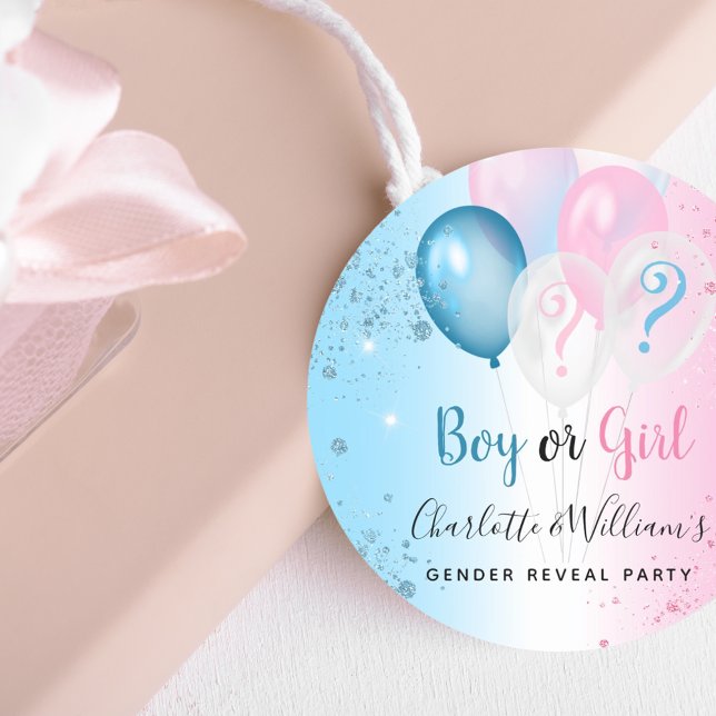Adesivo Redondo Gender reveal party pink blue boy girl balloons (Criador carregado)