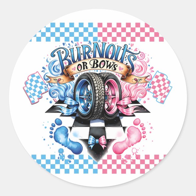 Adesivo Redondo Gender Reveal Pink and Blue Bows and Tires (Frente)