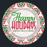 Adesivo Redondo Geo Country Love Christmas Gift label Sticker<br><div class="desc">Adesivos de acabamento brilhante personalizáveis | Padrão cardíaco de amor festivo vermelho em cores de Natal de vermelho, verde e branco. Personalize este adesivo redondo personalizável com suas saudações ou nome e detalhes de endereço. Também é perfeito para usar esses adesivos brilhantes de Natal como etiquetas de presentes, colar em...</div>