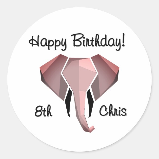 Adesivo Redondo Geometragem Elephant Head Birthday Age and Name (Frente)