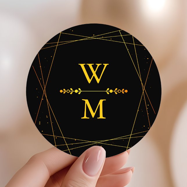 Adesivo Redondo Geometric Black and Gold Monogram Wedding Favor (Criador carregado)