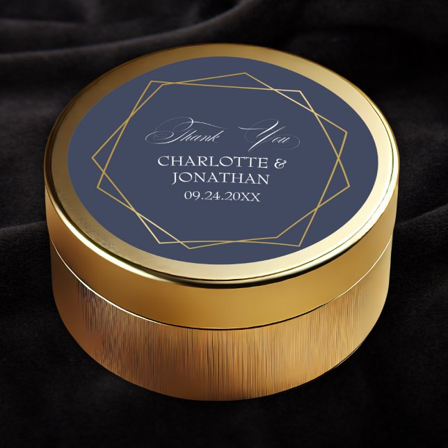 Adesivo Redondo Geométrico Dourada Elegante Obrigado Favor De Casa (Elegant Gold Geometric Thank You Wedding Favor Classic Round Sticker in Navy Blue Color)