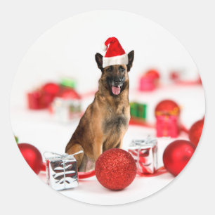 Adesivo Redondo German shepherd com presentes de Natal Papai Noel