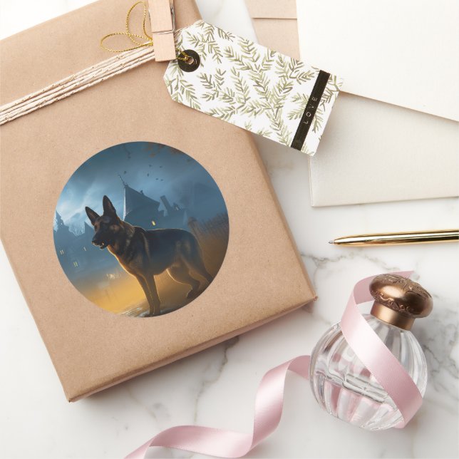 Adesivo Redondo German shepherd de Halloween assustado (Presentear)