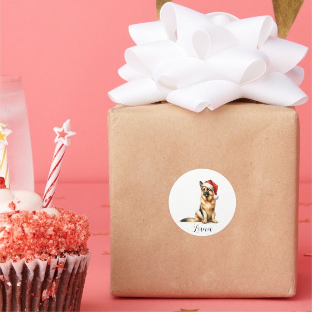 Adesivo Redondo German shepherd de Natal Cachorro Santa Hat (Festa)