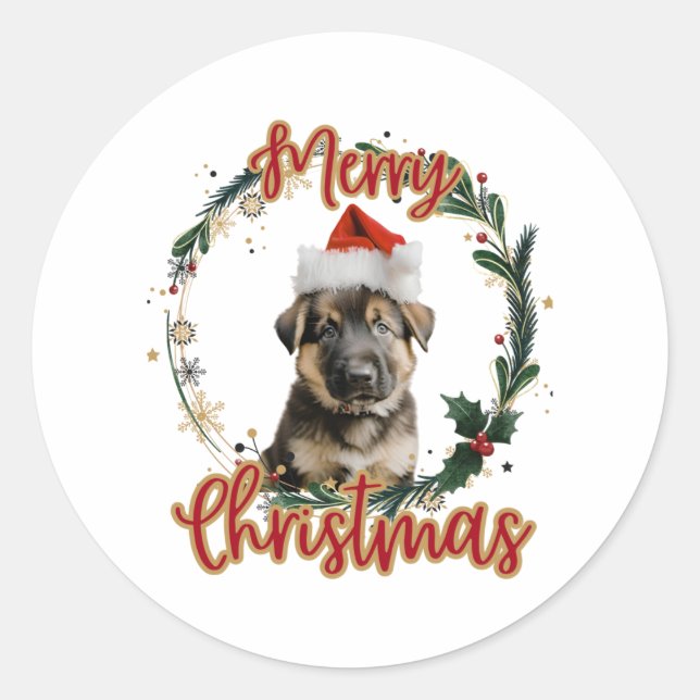 Adesivo Redondo German shepherd de Natal em Santa Hat (Frente)