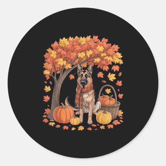 Adesivo Redondo German Shepherd Dog Fall Scarf Pumpkin Autumn Than (Frente)
