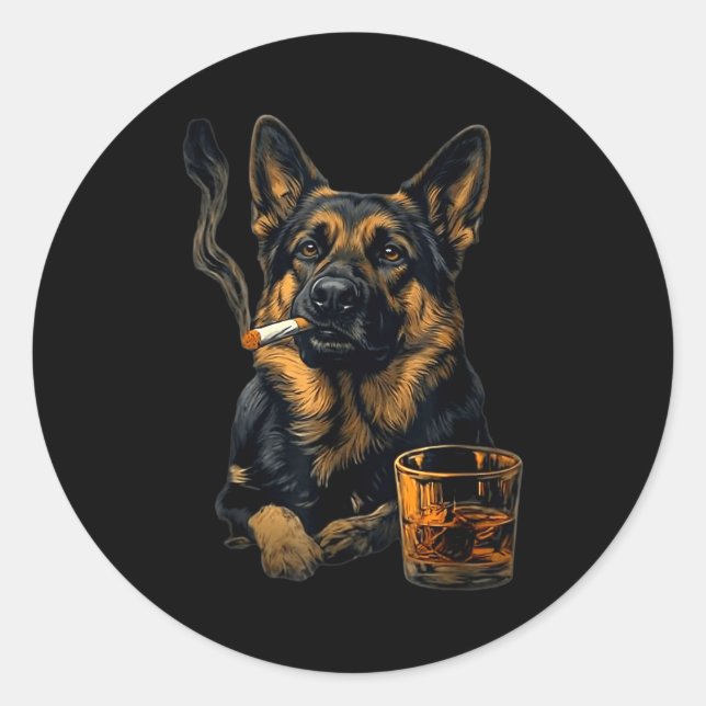Adesivo Redondo German Shepherd Dog Smoking Cigarette Whisky Lover (Frente)