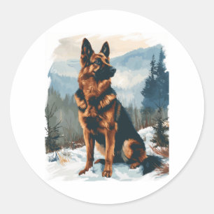 Adesivo Redondo German shepherd na Wonderland de inverno
