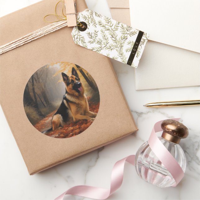 Adesivo Redondo German shepherd no outono Folhas caem inspiração (Presentear)