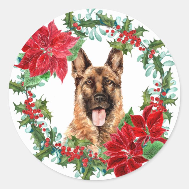 Adesivo Redondo German shepherd Poinsettia Holly Christmas Wreath (Frente)