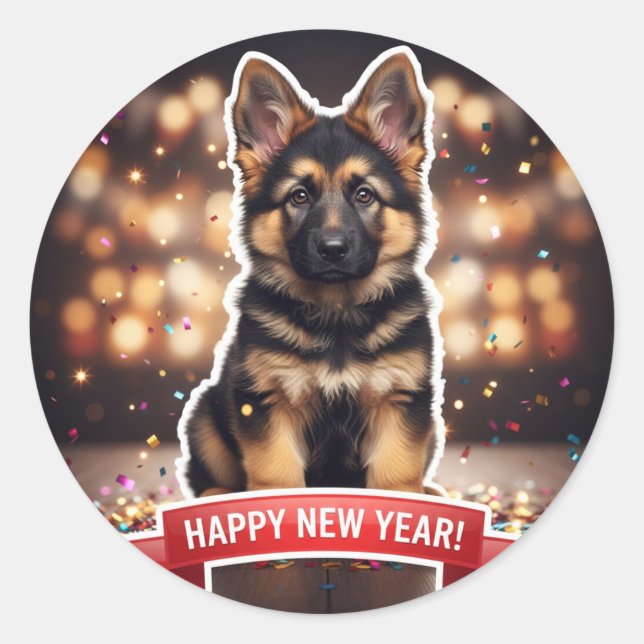 Adesivo Redondo German Shepherd Puppy Confetti Celebration Sticker (Frente)